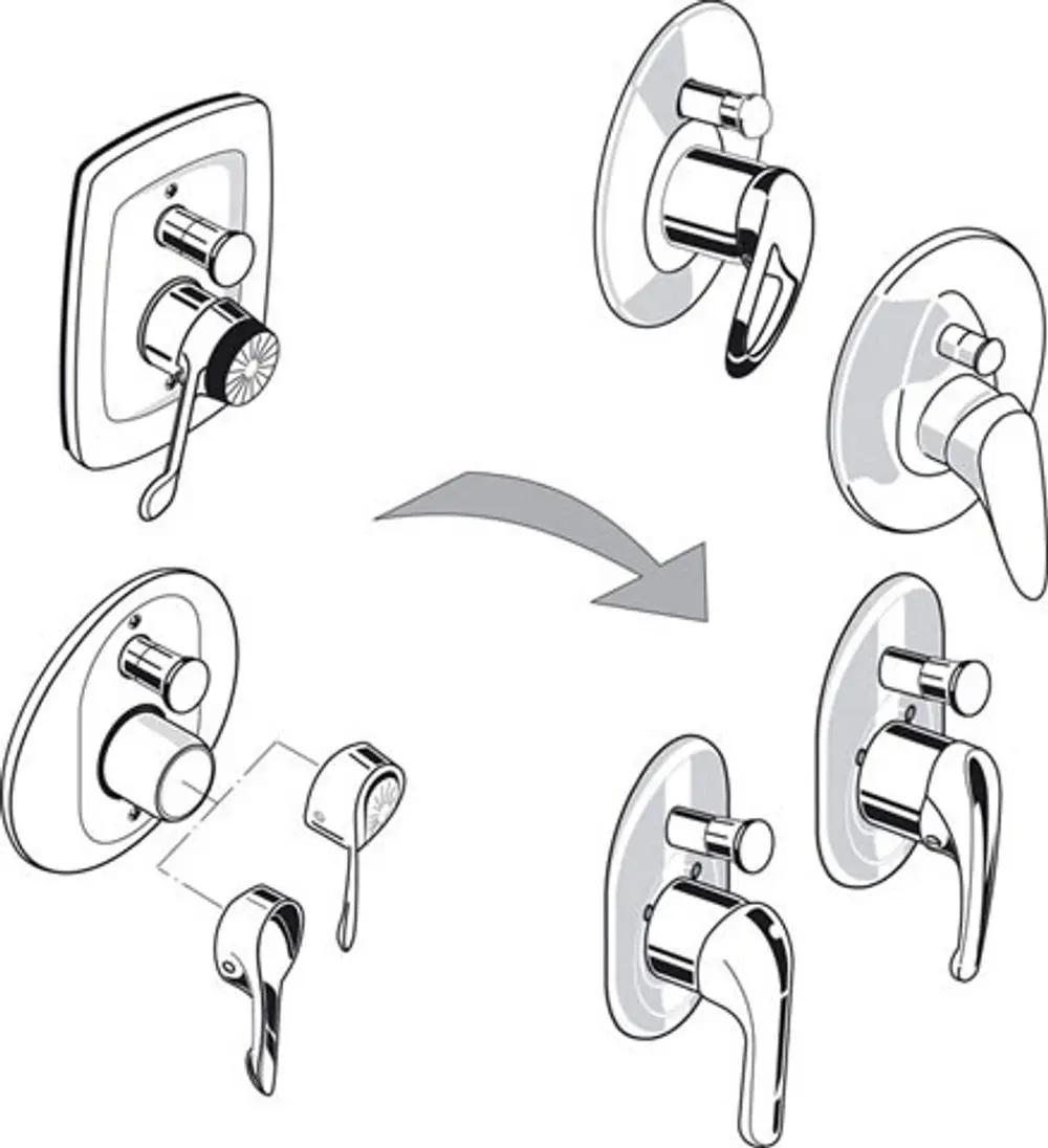 Illustration von Austauschmechanismen für Badarmaturen mit verschiedenen Hebel- und Drehgriffen, ideal für Umrüstung von Ideal Standard Produkten.